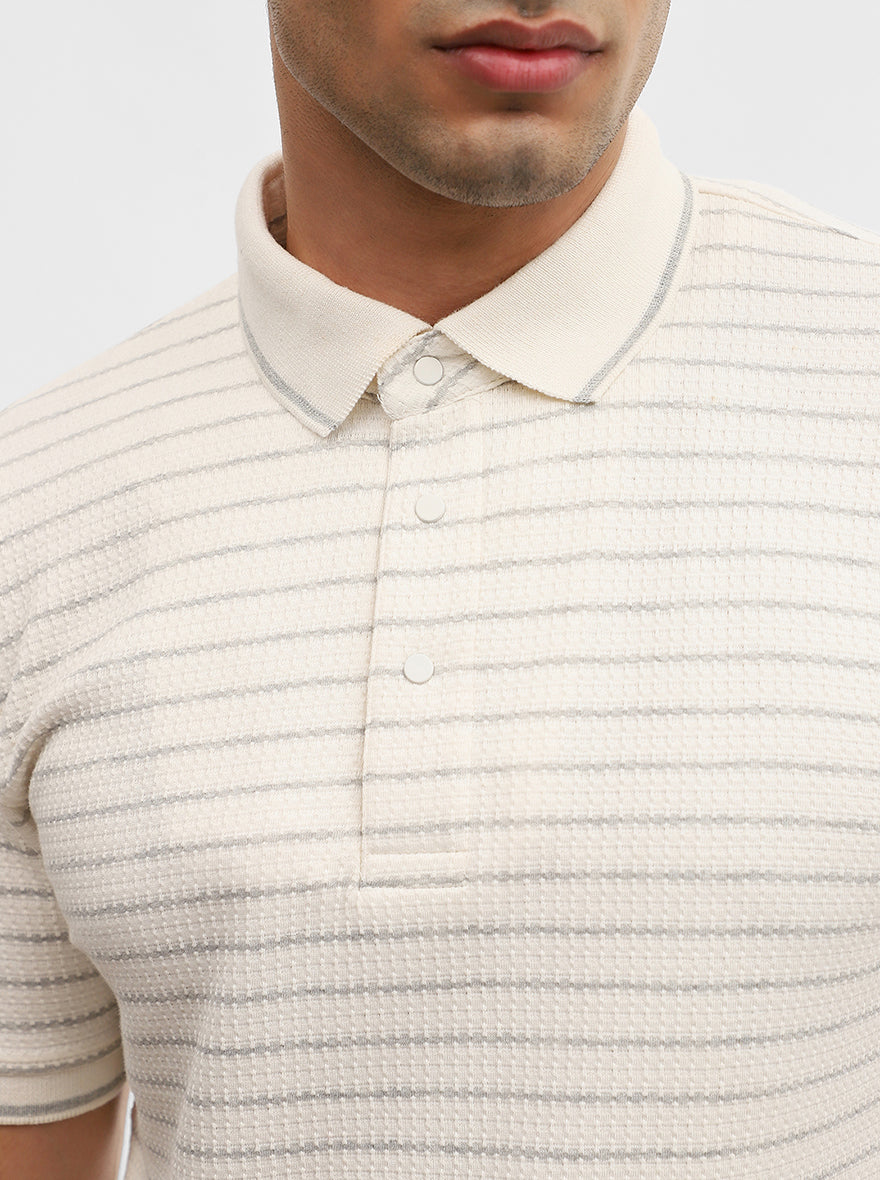 Butter Grey Striped Slim Fit Polo T-Shirt | JadeBlue