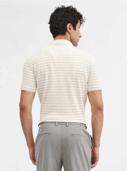 Butter Grey Striped Slim Fit Polo T-Shirt | JadeBlue