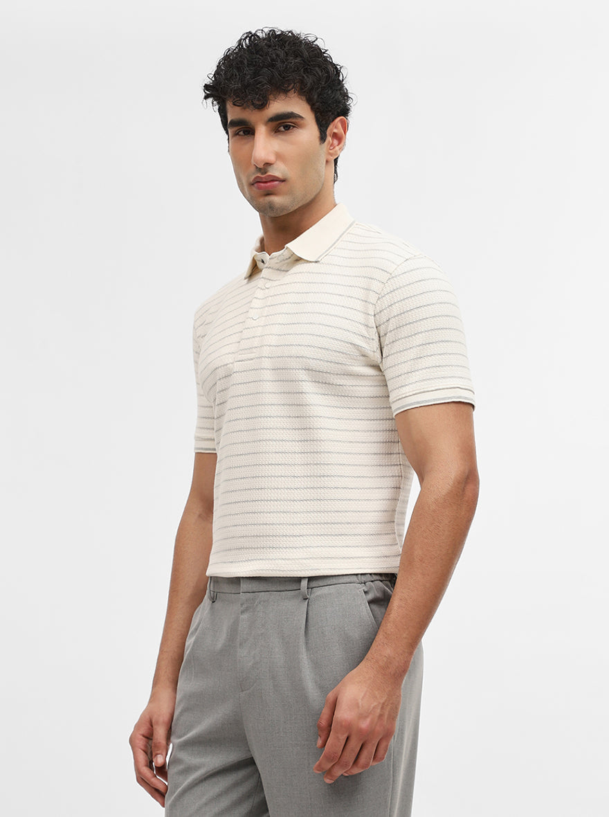 Butter Grey Striped Slim Fit Polo T-Shirt | JadeBlue