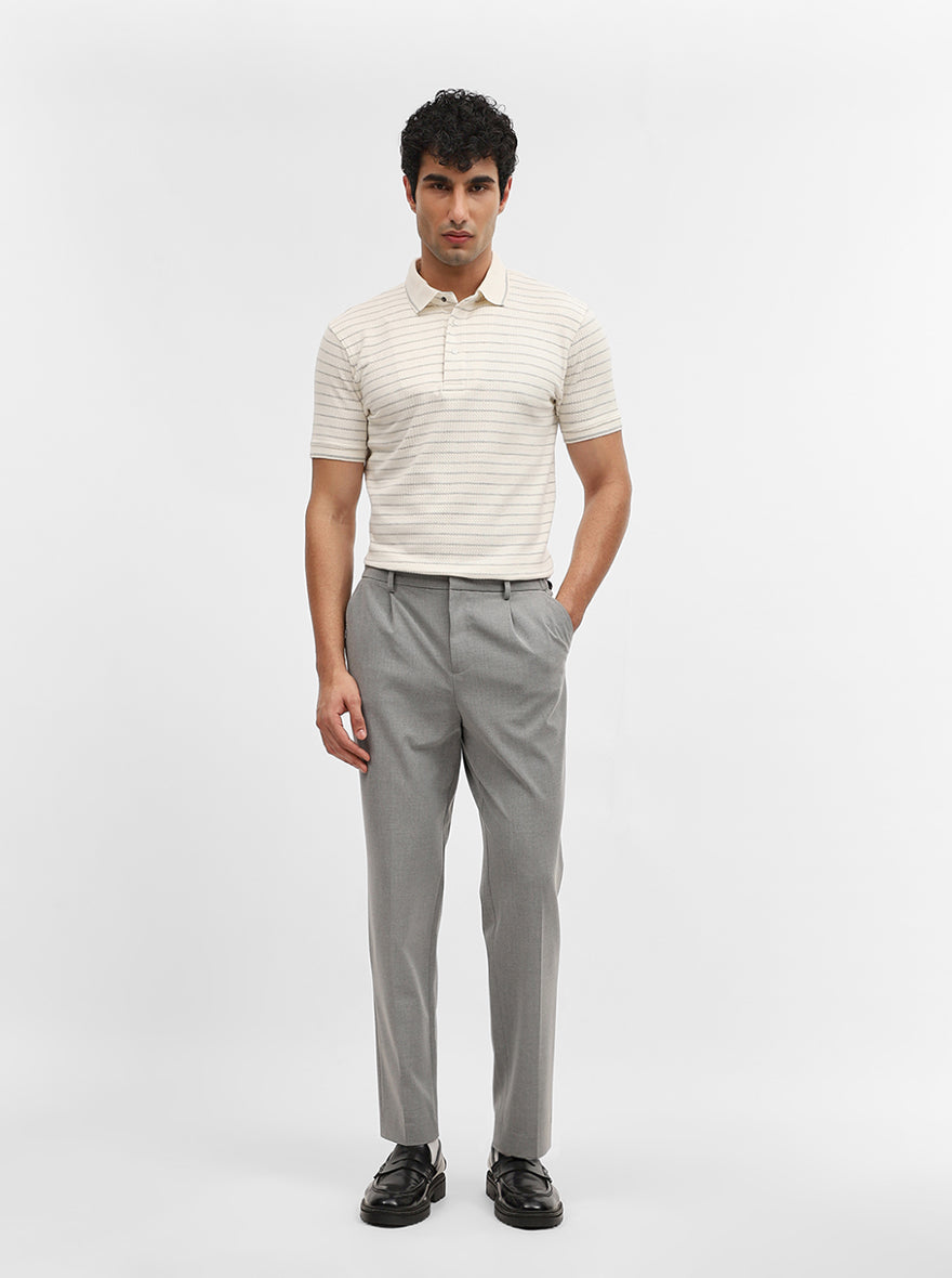 Butter Grey Striped Slim Fit Polo T-Shirt | JadeBlue