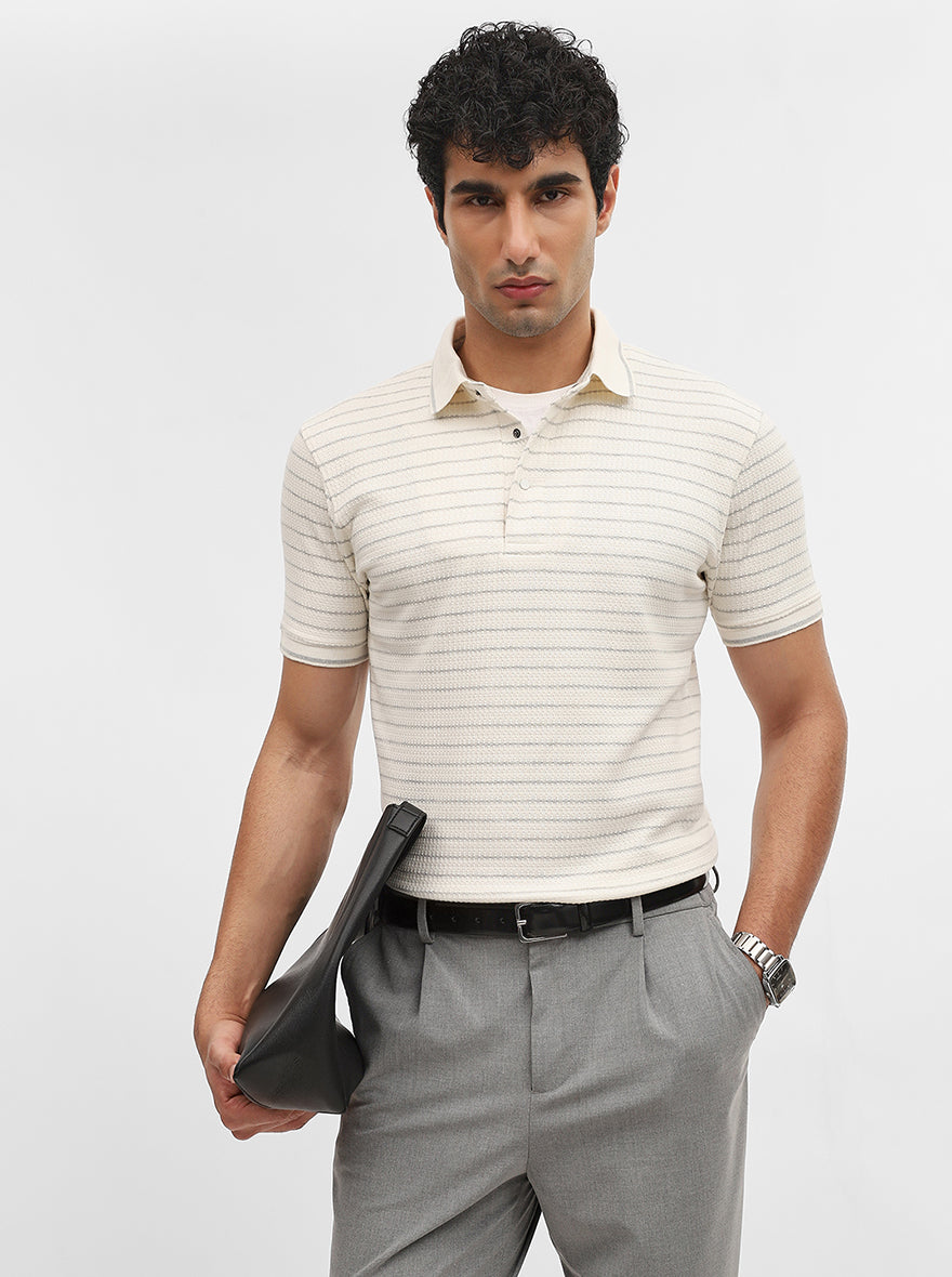 Butter Grey Striped Slim Fit Polo T-Shirt | JadeBlue