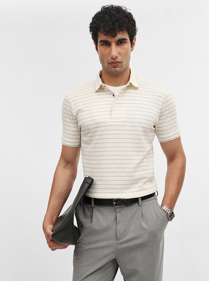 Butter Grey Striped Slim Fit Polo T-Shirt | JadeBlue