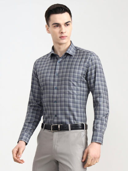 Dark Blue Checked Slim Fit Formal Shirt | Greenfibre
