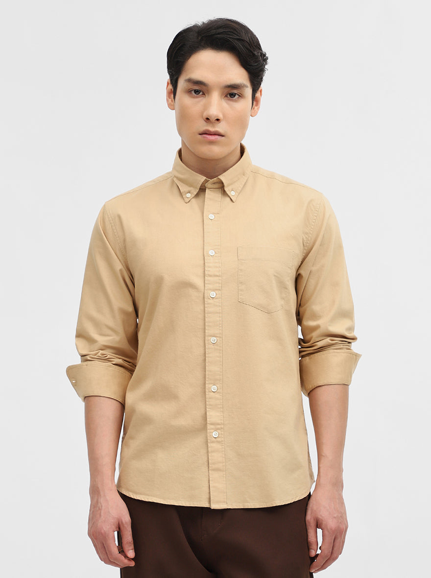 Khaki Solid Slim Fit Casual Shirt | Greenfibre