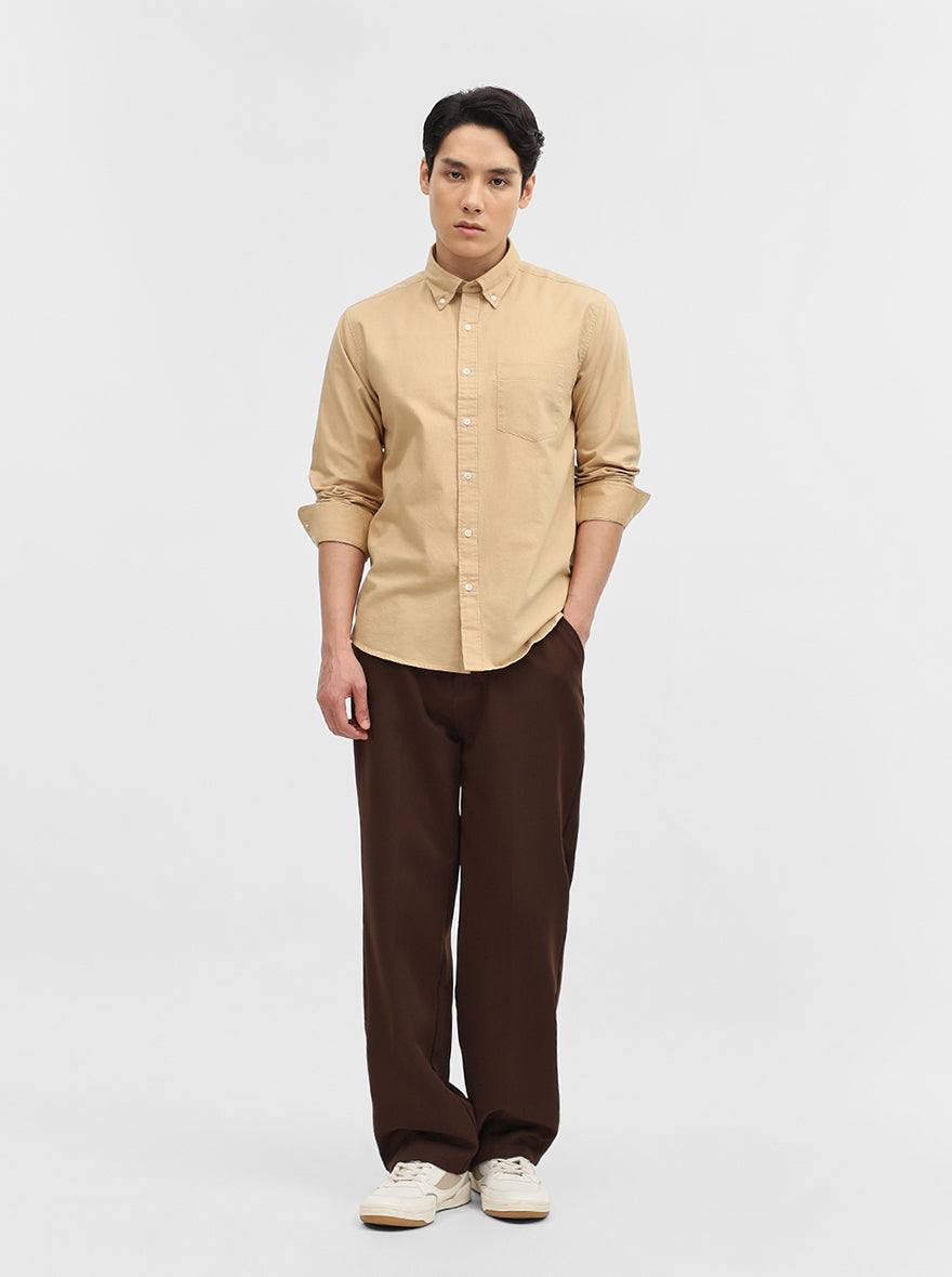 Khaki Solid Slim Fit Casual Shirt | Greenfibre