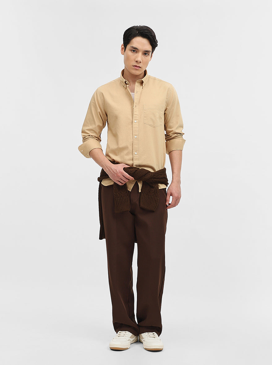 Khaki Solid Slim Fit Casual Shirt | Greenfibre