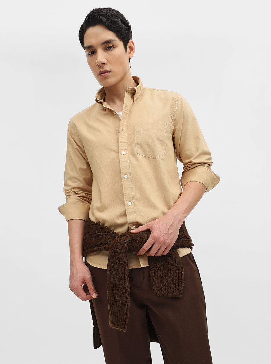 Khaki Solid Slim Fit Casual Shirt | Greenfibre