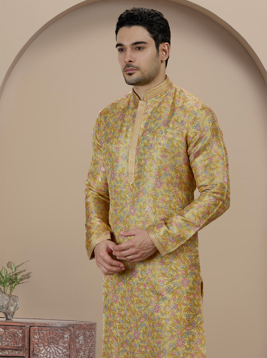 Yellow Self Design Kurta Pajama | Virasana