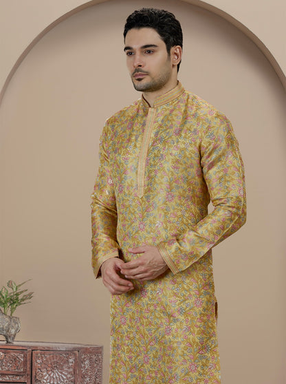 Yellow Self Design Kurta Pajama | Virasana