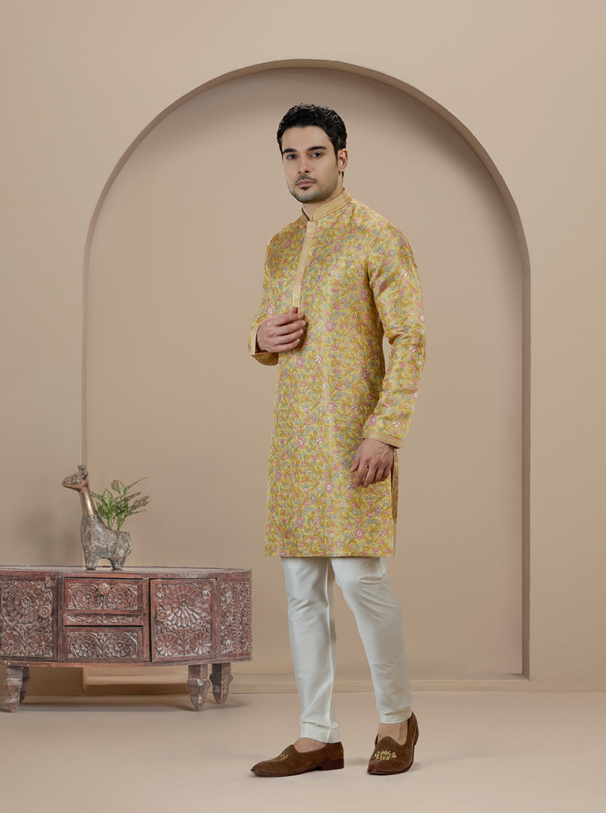 Yellow Self Design Kurta Pajama | Virasana
