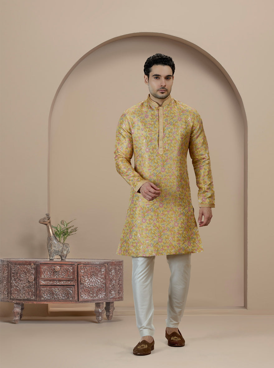 Yellow Self Design Kurta Pajama | Virasana