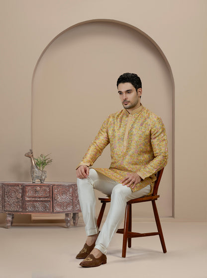 Yellow Self Design Kurta Pajama | Virasana