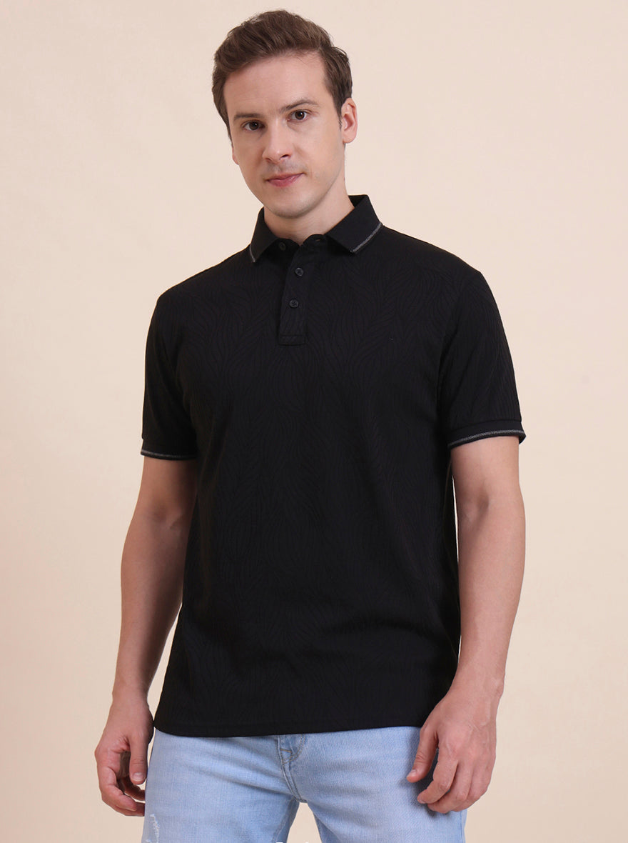 Black Printed Slim Fit Polo T-Shirt | JadeBlue