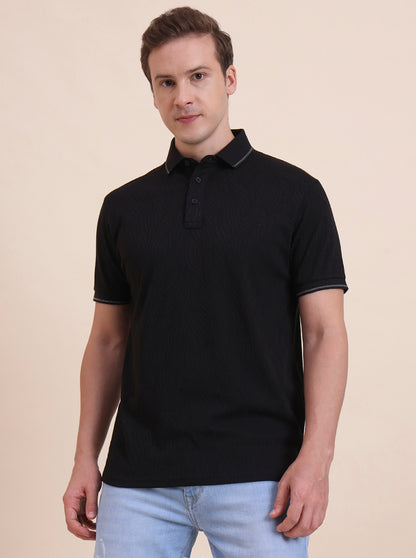 Black Printed Slim Fit Polo T-Shirt | JadeBlue