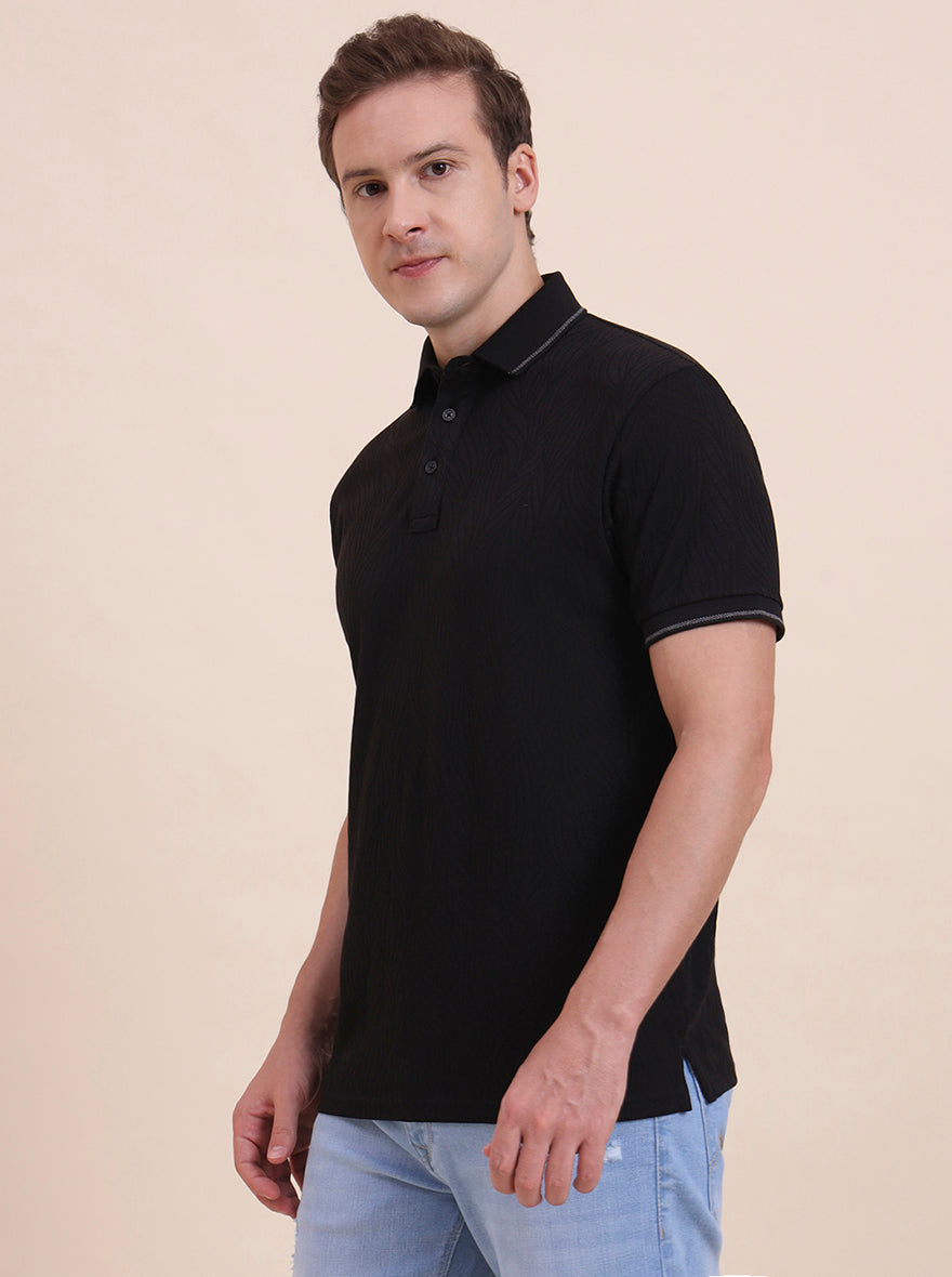 Black Printed Slim Fit Polo T-Shirt | JadeBlue