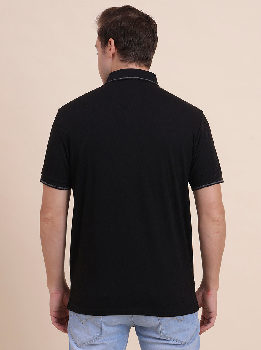 Black Printed Slim Fit Polo T-Shirt | JadeBlue