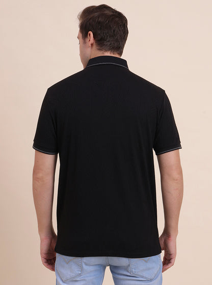 Black Printed Slim Fit Polo T-Shirt | JadeBlue
