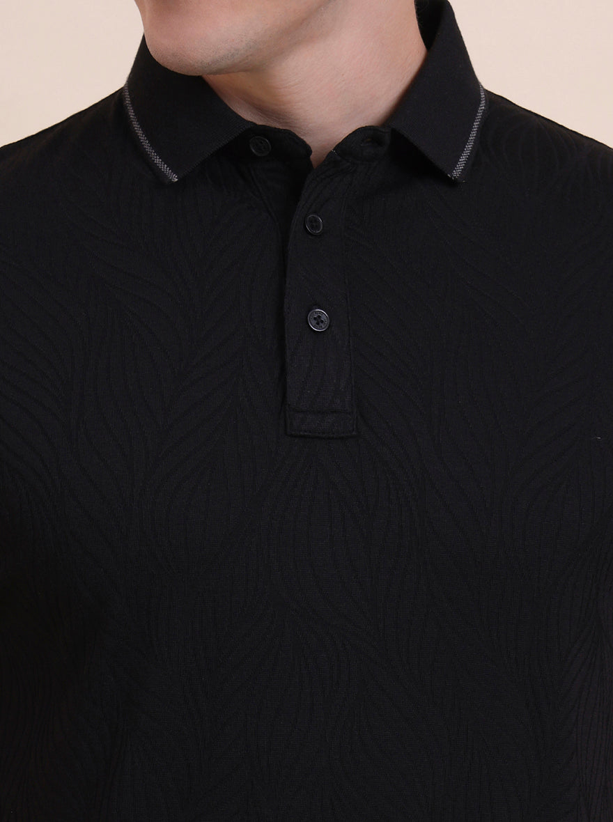 Black Printed Slim Fit Polo T-Shirt | JadeBlue