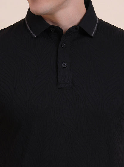 Black Printed Slim Fit Polo T-Shirt | JadeBlue