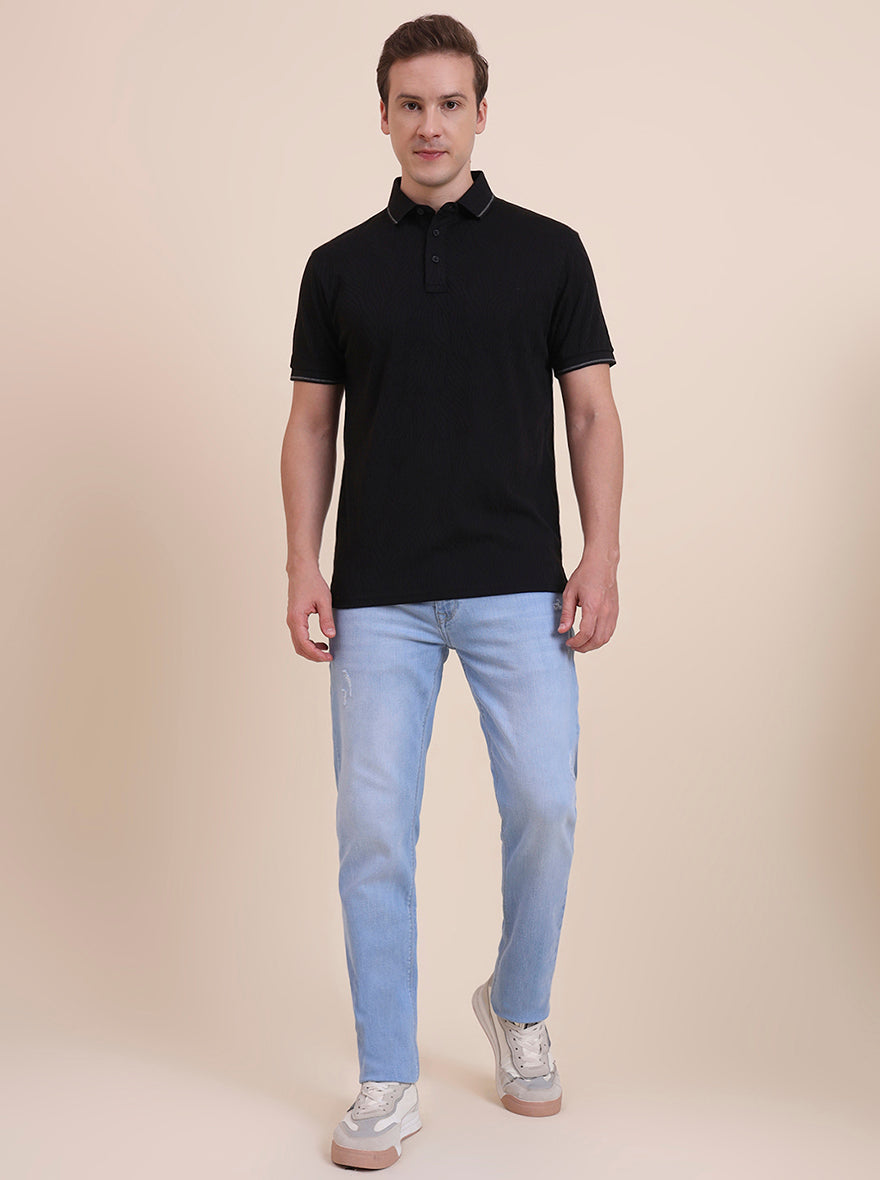 Black Printed Slim Fit Polo T-Shirt | JadeBlue