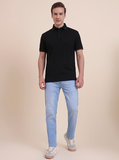 Black Printed Slim Fit Polo T-Shirt | JadeBlue