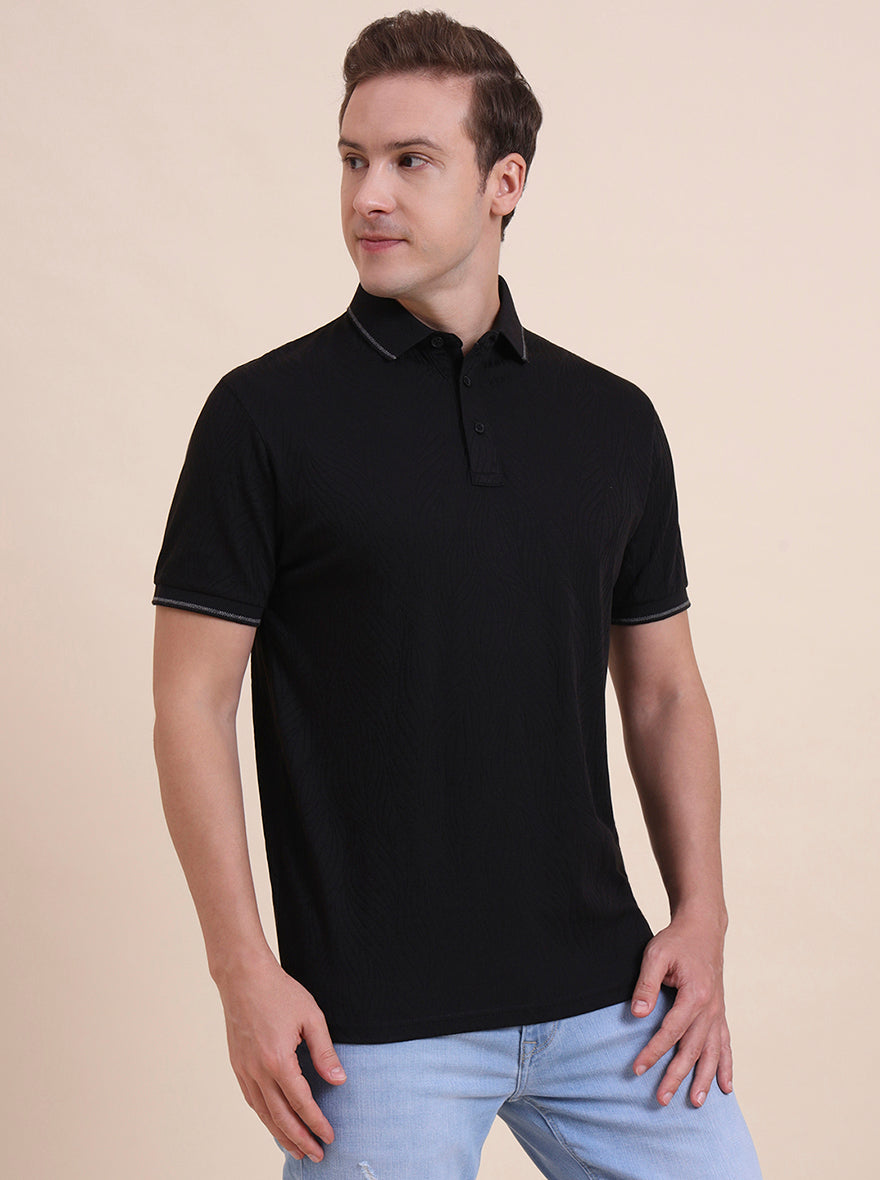 Black Printed Slim Fit Polo T-Shirt | JadeBlue
