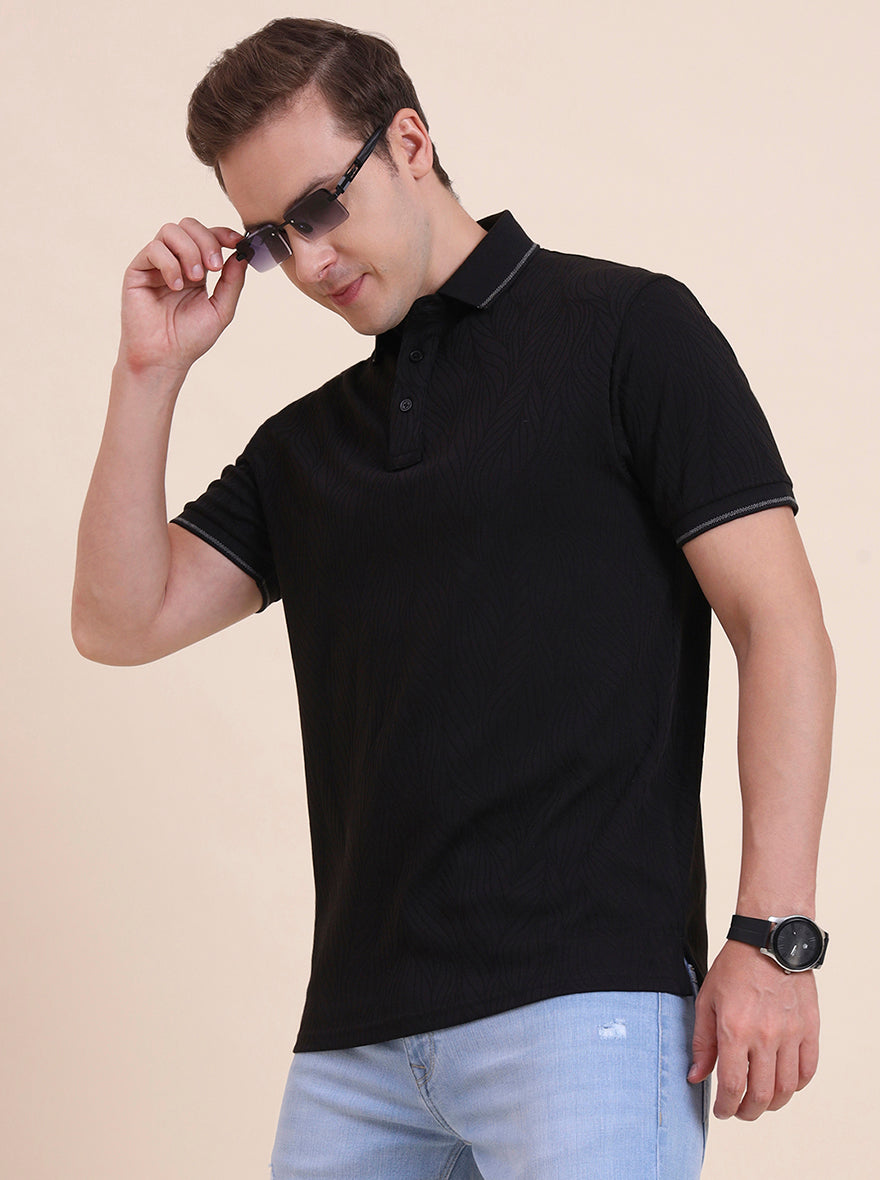 Black Printed Slim Fit Polo T-Shirt | JadeBlue
