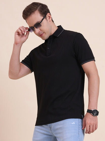 Black Printed Slim Fit Polo T-Shirt | JadeBlue