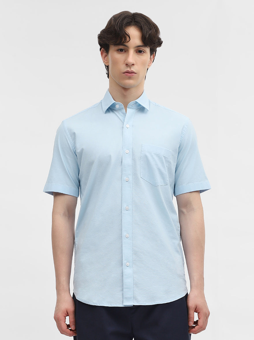 Blue Solid Tailored Fit Semi Casual Shirt | JadeBlue