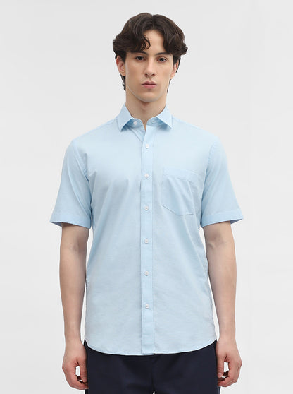 Blue Solid Tailored Fit Semi Casual Shirt | JadeBlue