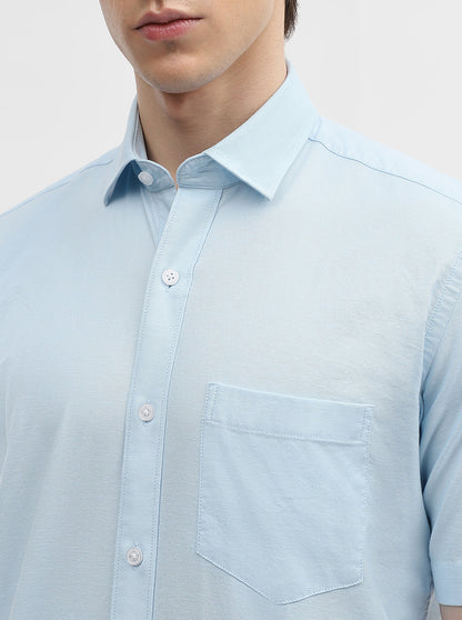 Blue Solid Tailored Fit Semi Casual Shirt | JadeBlue