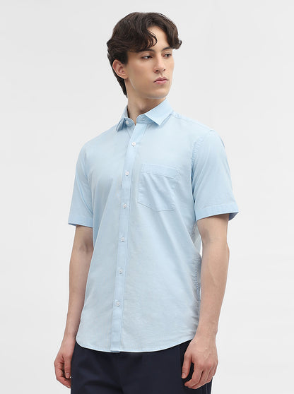 Blue Solid Tailored Fit Semi Casual Shirt | JadeBlue