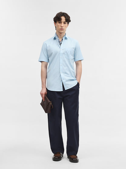 Blue Solid Tailored Fit Semi Casual Shirt | JadeBlue