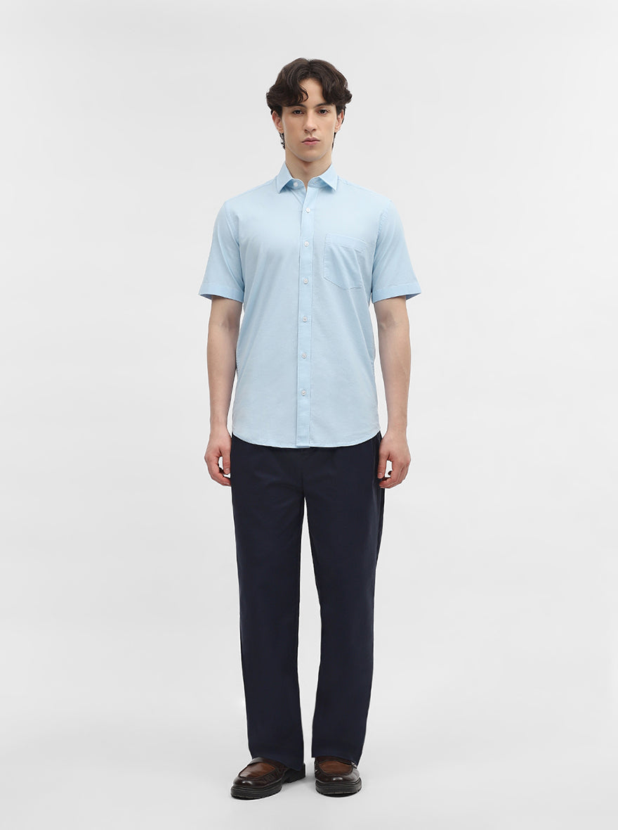 Blue Solid Tailored Fit Semi Casual Shirt | JadeBlue