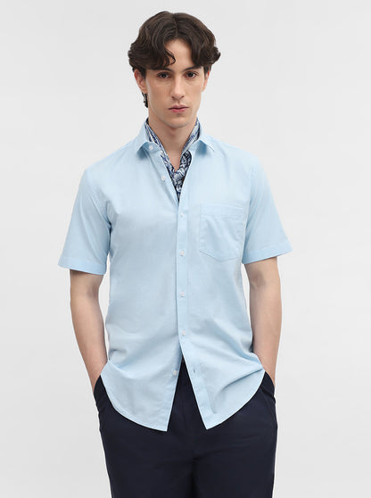 Blue Solid Tailored Fit Semi Casual Shirt | JadeBlue