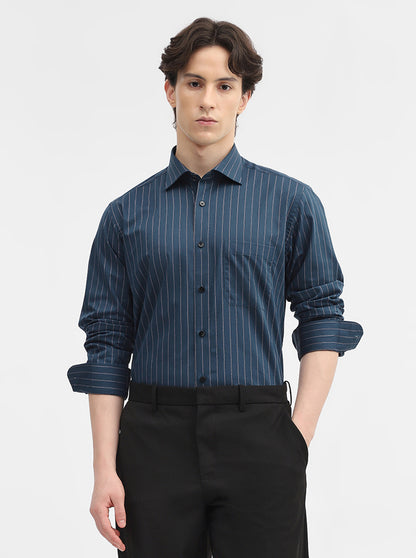 Teal Striped Slim Fit Formal Shirt | Metal