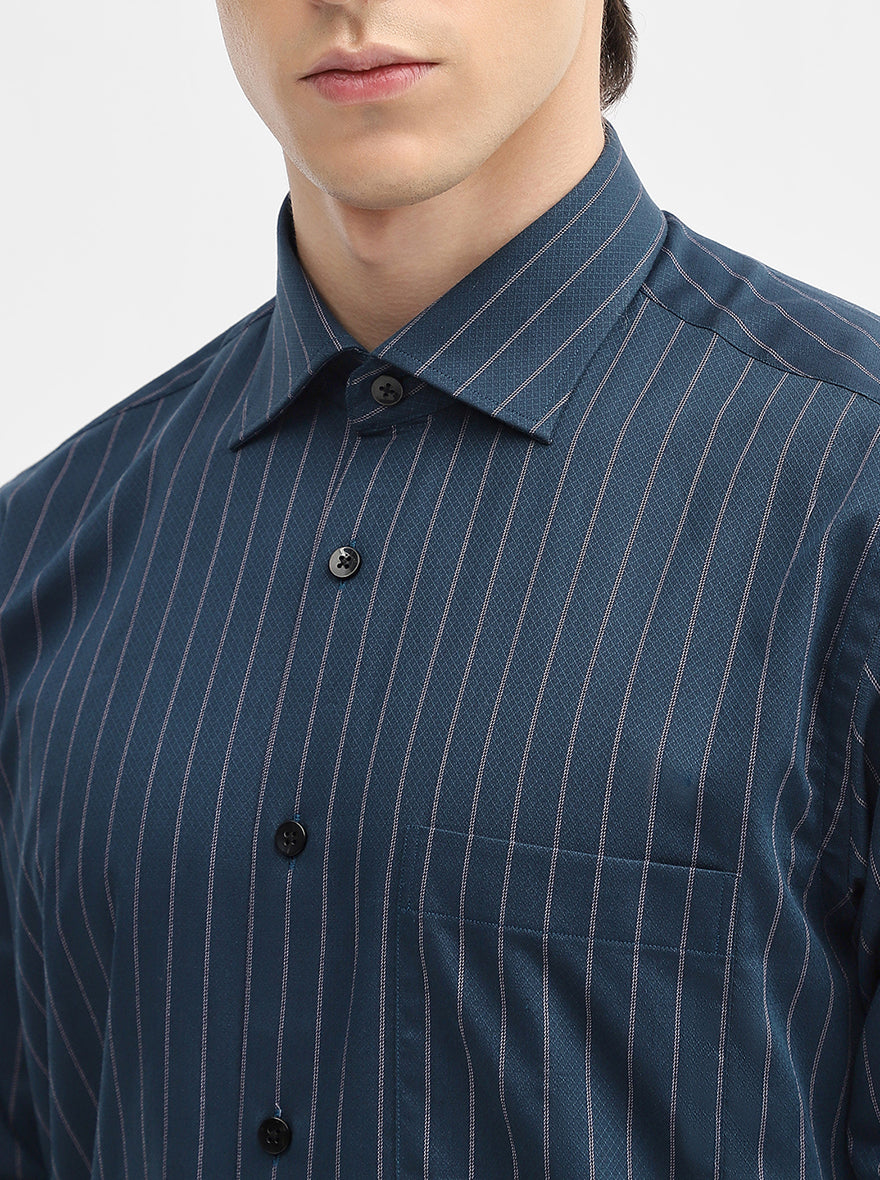Teal Striped Slim Fit Formal Shirt | Metal