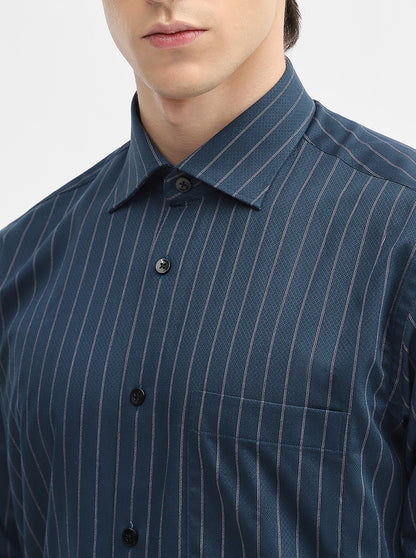 Teal Striped Slim Fit Formal Shirt | Metal
