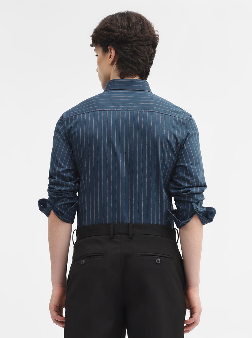 Teal Striped Slim Fit Formal Shirt | Metal
