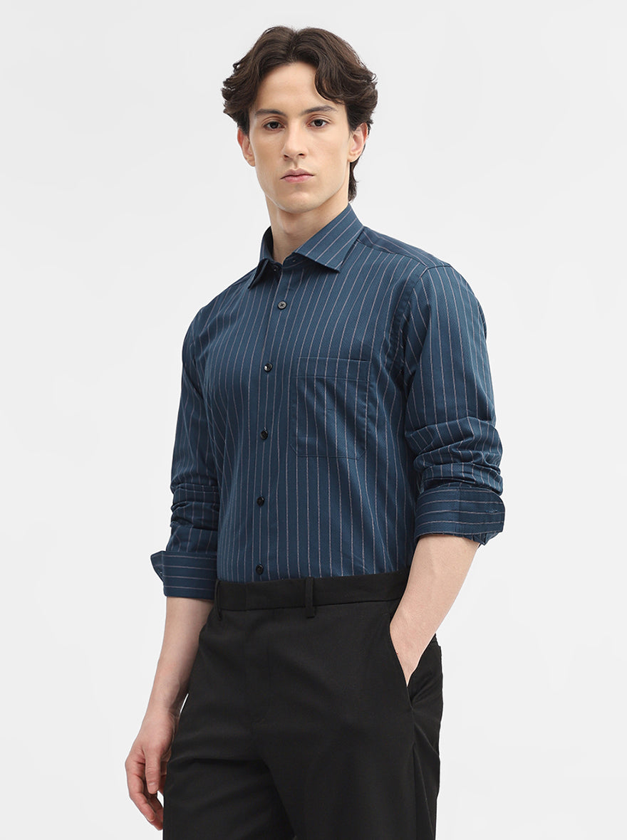 Teal Striped Slim Fit Formal Shirt | Metal
