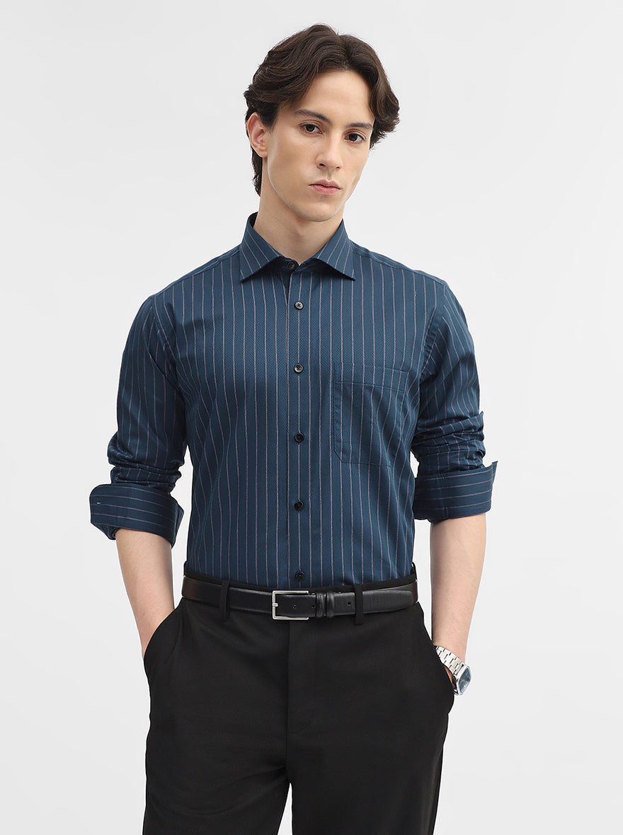 Teal Striped Slim Fit Formal Shirt | Metal