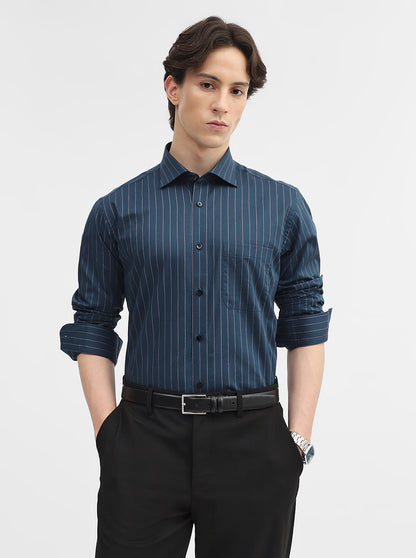 Teal Striped Slim Fit Formal Shirt | Metal