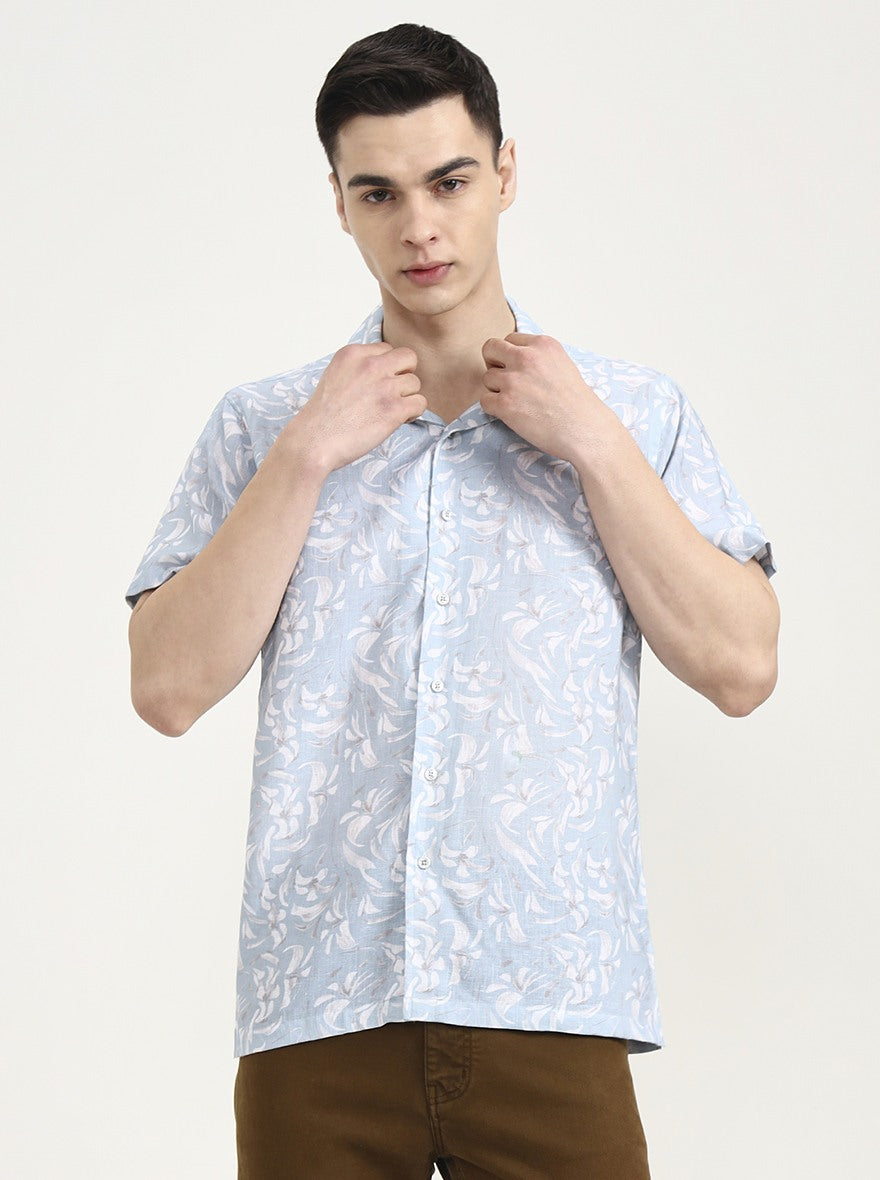 White & Blue Printed Slim Fit Party Wear Shirt | Wyre