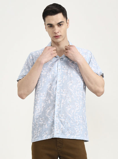 White & Blue Printed Slim Fit Party Wear Shirt | Wyre