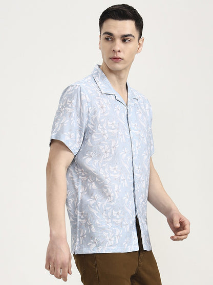 White & Blue Printed Slim Fit Party Wear Shirt | Wyre