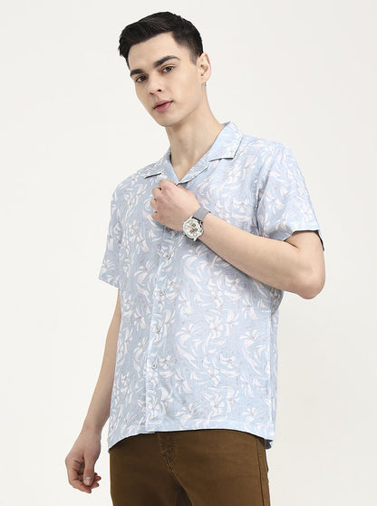 White & Blue Printed Slim Fit Party Wear Shirt | Wyre