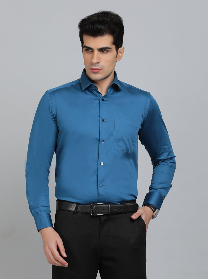 Blue Solid Slim Fit Formal Shirt | Metal