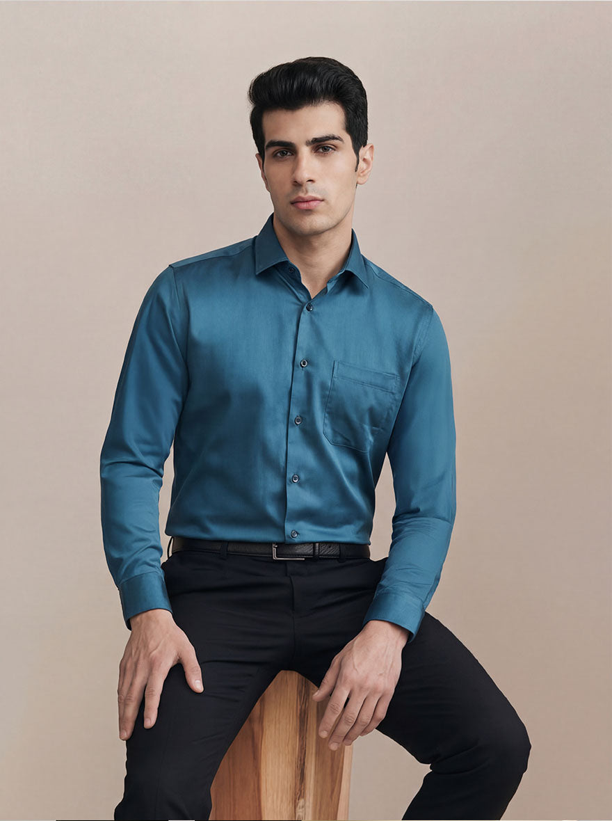 Blue Solid Slim Fit Formal Shirt | Metal