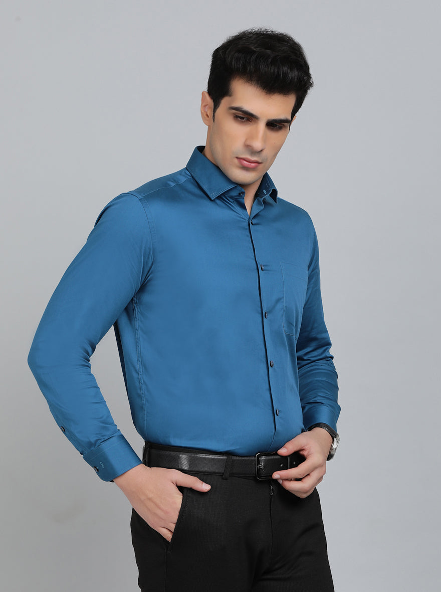 Blue Solid Slim Fit Formal Shirt | Metal