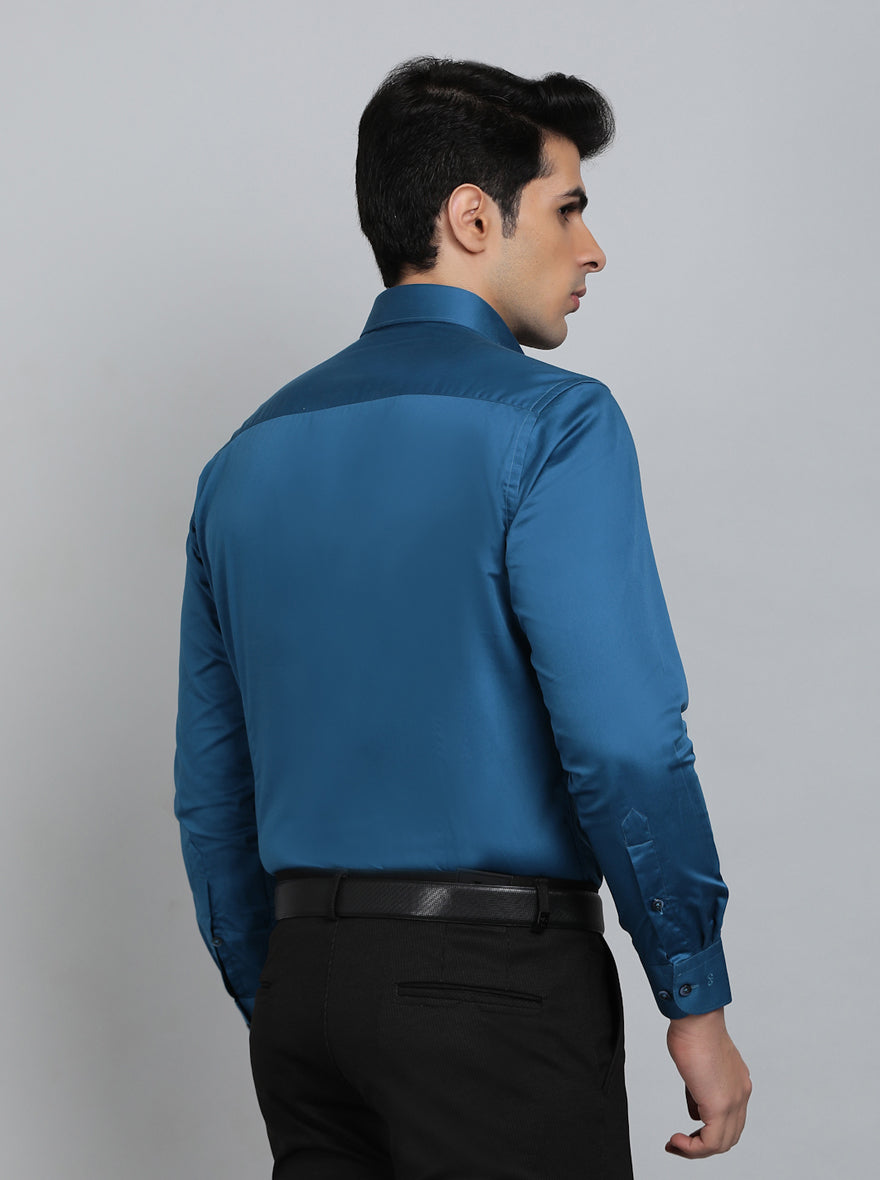 Blue Solid Slim Fit Formal Shirt | Metal